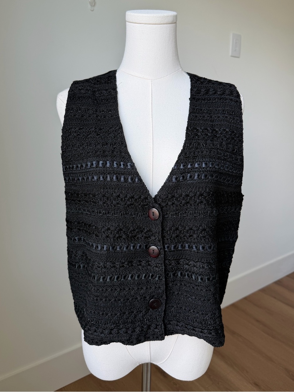 Petite Sophisticate Black Crochet V-Neck Button Vest